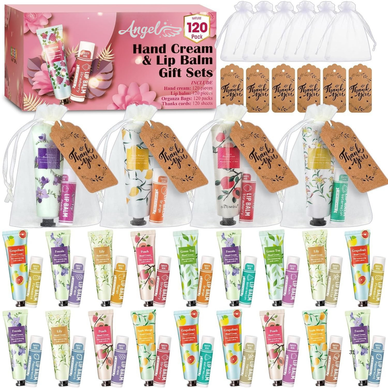 Customer Appreciation Gift Set (4 Items/120sets) – Lip Balm, Hand Cream, Organza Bag & Thank-You Card | Holiday Client Gifts Sets