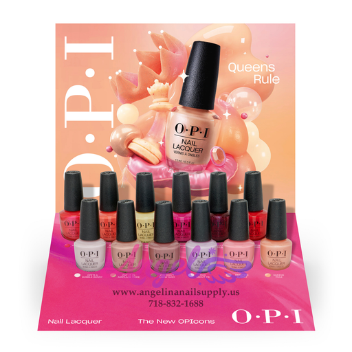 OPI nail polish set with a promotional standee featuring 'queens rule' text.