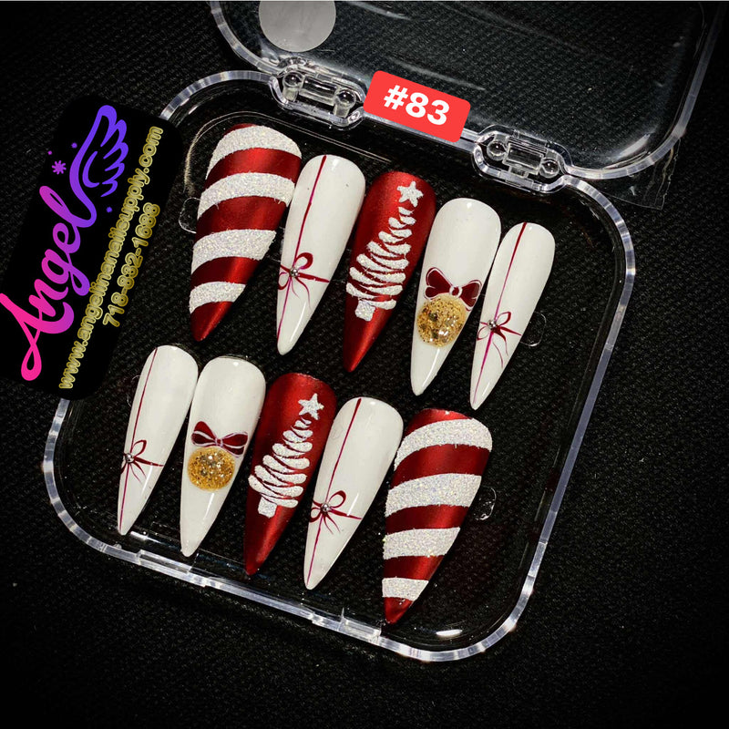 Angelina Handmade Custom Press-On Nails #060-#089 Christmas Red Glitter, Snowflake Holiday Design, Winter Press-On Nail Set