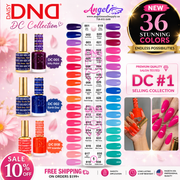 Daisy DND DC Collection nail polish with color swatches and promotional text on a floral background