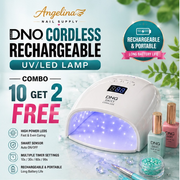 Angelina nail supply cordless rechargeable UV/LED lamp with accessories on a light blue background