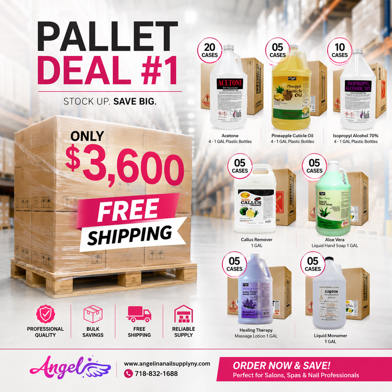 Pallet Deal #1 Sản phẩm Angel Mix: Acetone, Cồn, Dầu dưỡng biểu bì, Monomer lỏng, Chất tẩy vết chai, Xà phòng rửa tay, Sữa dưỡng thể hoa oải hương Sữa dưỡng thể lô hội