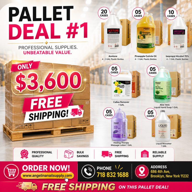 Pallet Deal #1 Sản phẩm Angel Mix: Acetone, Cồn, Dầu dưỡng biểu bì, Monomer lỏng, Chất tẩy vết chai, Xà phòng rửa tay, Sữa dưỡng thể hoa oải hương Sữa dưỡng thể lô hội