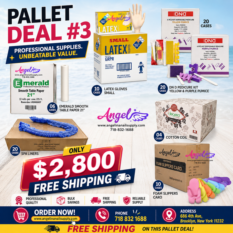 Pallet Deal #3 Sản phẩm Angel Mix: Dép xốp, Bộ dụng cụ chăm sóc móng chân, Bông, Găng tay, Lót màu xanh, Giấy lau bàn