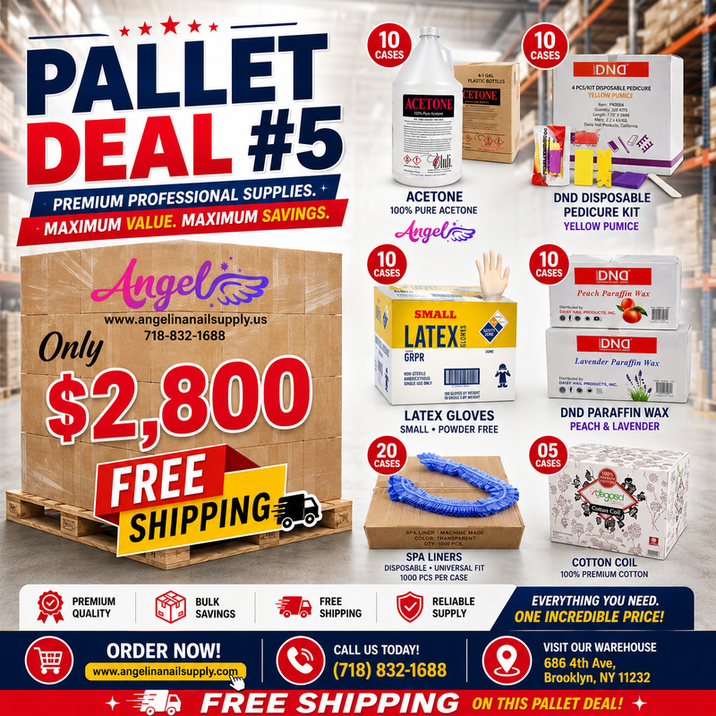 Pallet Deal #5 Sản phẩm Angel Mix: Găng tay, Acetone, Bông, Lót xanh, Parafin, Bộ dụng cụ chăm sóc móng chân